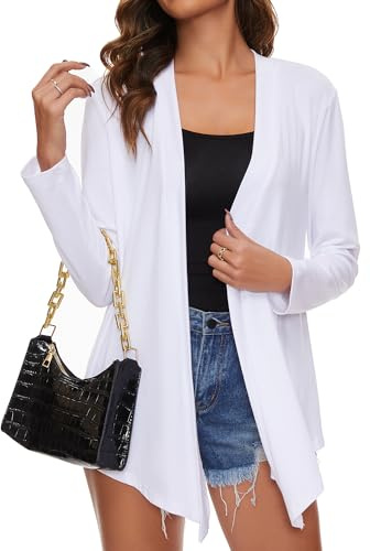 Famrrifuu Gilet Long Femme Cardigan Elegant Manches Longues Veste Léger Ouverte Devant été Gilet Casual,Blanc,XL