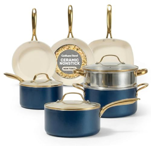 Gotham Steel 12 Pc Ceramic Pots and Pans Set Non Stick, Kitchen Cookware Sets, Pot and Pan Set, Ceramic Cookware Set, Non Toxic Cookware Set, Non Stick Pots and Pan Set, Dishwasher Safe - Cream Navy…
