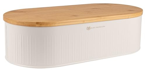 KARL HAUSMANN Portapane Bianco in Metallo con Coperchio in Bambù - Mantiene il pane fresco più a lungo | Ampio contenitore per cucina e piano di lavoro | 2in1 con tagliere e ventilazione