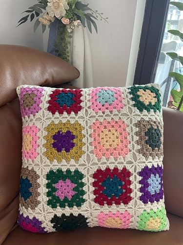 YISSEN RISEON Granny Square Pillowcase Colorful Crocheted Pattern Throw Pillow Cover Crochet Cushions Cover for Couch Sofa Chair Boho Home Decor gift-17.7 x 17.7 inches (White)