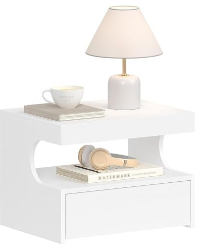 Hzuaneri Nachttisch Hängend, Wandschublade Wandregal, 1 Schublade mit Schienen, Schwebendes Wandregal mit Offener Raum, Modern, für Schlafzimmer, Wohnzimmer, 30 x 40 x 29.2 cm Weiß NS50103X