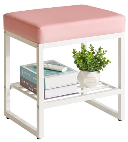 Aibiju Sminkbord, fotpall med PU-sits, litet sidobord med förvaringsutrymme för sovrum, vardagsrum, rosa med vit metall YD-JD150P