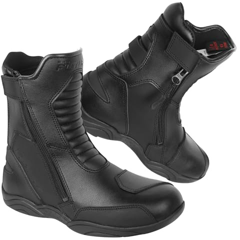 PRO FUTURE Bottes de moto unisexe en cuir avec protections renforcées, semelle antidérapante et fermeture bottes de moto pour homme, Noir , 45 EU