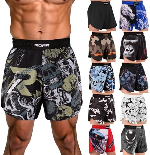 ROAR-INT BJJ Shorts Grappling Kickboxing Muay Thai Boxing Shorts MMA Fight Shorts for Men (US, Alpha, Large, Regular, Regular, Dead-Skull)
