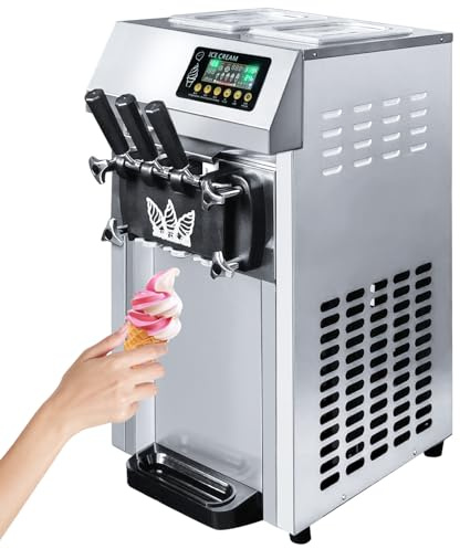 Commercial Ice Cream Machine, with Pre-cooling & Fresh-keeping Function, 18L/H Soft Serve Ice Cream Maker, 3 Flavors Countertop Soft Serve Machine with LCD Panel, Auto Clean