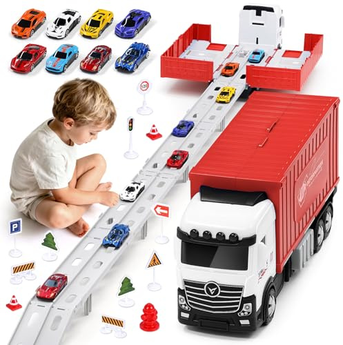 Aoskie Transporte Truck Coche de Juguete para niños de 3, 4, 5, 6 años, portátil de Carreras con 6 Coches de Carreras, Juego de Juguetes para niños (Rojo)
