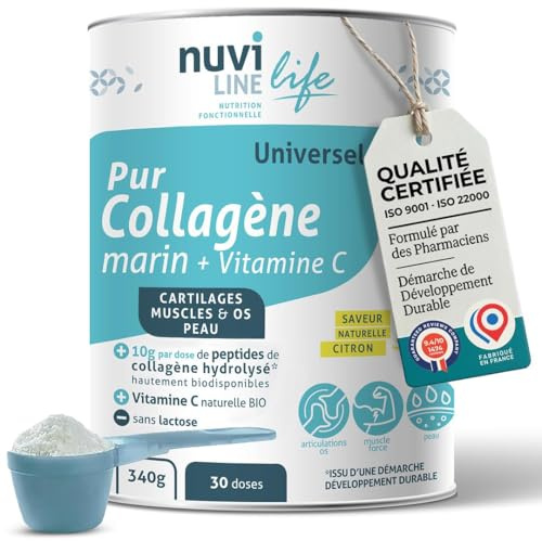 NUVILINE Life - Collagène Hydrolysé En Poudre + Vitamine C BIO - Articulations, Muscles, Os, Peau - Premium - France - 340g (30 doses), Citron