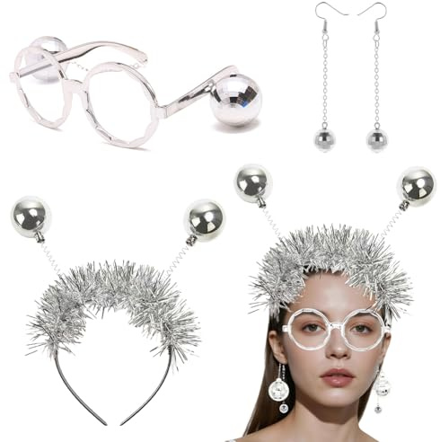 EduPlayte Set d'Accessoires Party Disco Argenté pour Femmes Hommes - Lunettes Boule à Facettes Années 70, Boucles d'oreilles Pailletées & Bandeau Pailleté