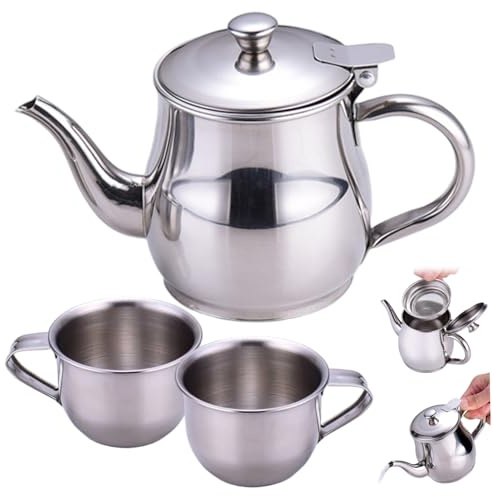CAKEEYUM Service à thé pour Enfants Comprenant Une théière Portable à Long Bec en Acier Inoxydable de 330 ML avec Filtre et 2 Tasses de 70 ML pour Cadeaux pour Enfants Service thé pour, Petite théiè
