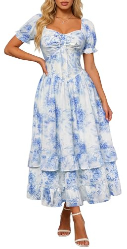 SCARLET DARKNESS Women's Victorian Dresses Floral Short Sleeve Ruffled Hem Summer Long Boho Dress