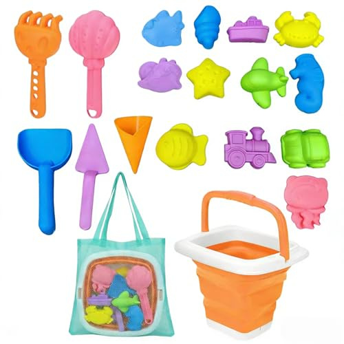 Mornly Sandleksaksset, 19 stycken, strandleksaker, barn, vikbar hink med sandspade, sandlåda, leksak med nätficka för strand, trädgård, resor, present från 3 år, flickor, pojkar (orange)