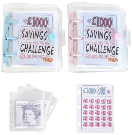 2Pack £1000 Savings Challenge Binder Pink Blue with 25 Cash Envelopes Each | Money saving wallet, Portable mini budget book, simple fun planner for household personal finance and daily savings targets