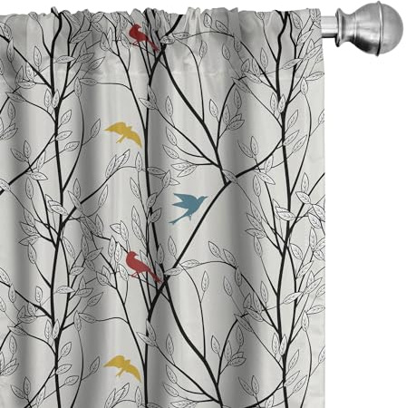 Ambesonne Lot de 2 rideaux de fenêtre de la forêt, motif abstrait inspiré de la forêt, branches d'arbre feuillues et oiseaux colorés, décoration légère avec passe-tringle, 71,1 x 241,3 cm, blanc noix