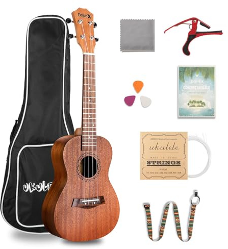 Dripex 23 Inch Concert Ukulele, Small Guitar Ukelele, Professonial Wood Ukulele Starter with Beginners Kit, Quality Musical String Instrument for Adults or Kids (Natural Color)