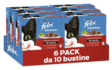 FELIX Original Cibo Umido per Gatti Adulti in Salsa con Anatra e Agnello, Tacchino e Fegato, Pollo e Rognone, Coniglio 60 Buste da 85g