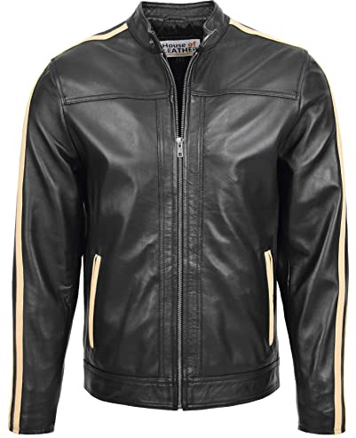 Mens Real Leather Biker Jacket with Racing Stripes Clyde Black (L)