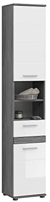xonox.home Badezimmer Blake Hochschrank Schrank Kommode hoch Badschrank hochschrank Bad Hochschrank schmaler Schrank in Front weiß Hochglanz Korpus rauchsilber Nb.ca.35x191x31 cm