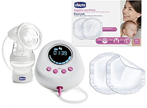 Chicco Elektrische Milchpumpe und saugfähige Tassen, inklusive elektrischer Milchpumpe, bequem und schnell und Schalen mit antibakteriellen, saugfähigen und unsichtbaren Unterkleidung, 60 Stück