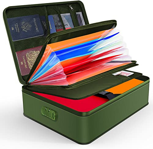 JUNDUN Fireproof Document Box with Lock Fireproof Waterproof | Document Storage with 7 File Folder,Portable Home Fire Safe Storage Box Case with Lock for Documents and Deed Green