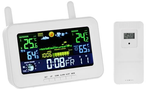Aoresac Stazione Meteo Radio con Sensore Esterno, Professionali Termometro Igrometro Sveglia Con Schermo a Colori per Tempo Data Temperatura Umidità Previsioni Meteo