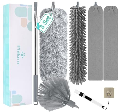 Philorn 8 Stücke Staubwedel Teleskop Waschbar, Staubwischer Mikrofaser Edelstahl Teleskop Stange Bis 280cm Länge, für Entfernt Mühelos Staub und Decken Spinnweben (Grau)