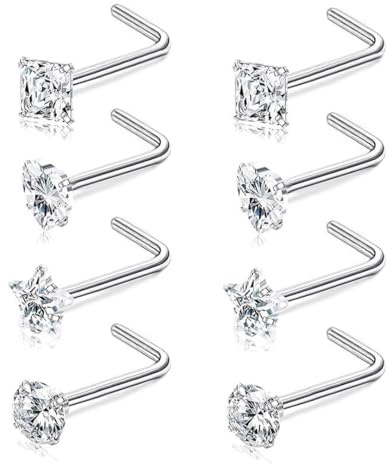 SEEDRILL 8Pcs 20G Nose Rings studs for Woman Hypoallergenic L Shape Nose Studs 316L Surgical Steel with Gold Plated Nose Piercings Jewelry 3mm CZ Nose Ring 20 Gauge Nose Screw Studs Straight Nose Stud
