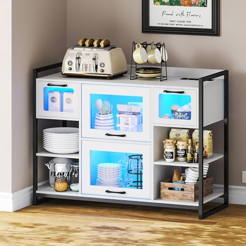 Lvifur küchenschrank Buffetschrank Sideboard mit Steckdose, Landhausstil Vorratsschrank mit USB Type-C, Mehrzweckschrank Automatischem Sensor 3-Farben Dimmbares Bücherregal Schlafzimmer Weiß