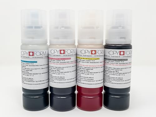Kopyform CANON Set di inchiostri alimentari 4 x 70 ml (nero, giallo, magenta, ciano) per stampanti CANON, ad esempio G1501; con adattatore per un facile riempimento (KOL070)