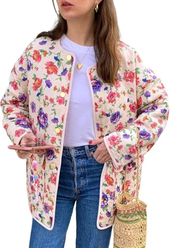 Suncadmious Piumino Trapuntato da Donna Cappotto Imbottito Leggero con Stampa Floreale Aperto Davanti Cardigan gonfio Outwear