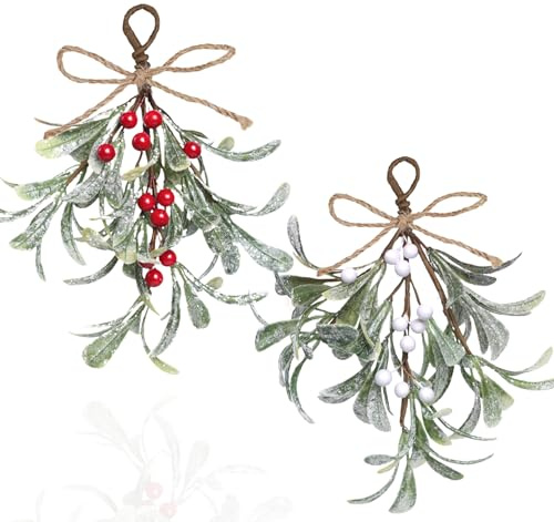 Teircno 2 PCS Artificial Mistletoe Ornament, Hanging Decorations, Glitter Christmas Tree Accessories, Dry Leaf Hanging Decoration for Christmas Party Tree Door