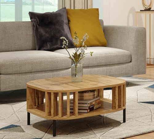 BDW - Couchtisch - Sofatisch mit offenem Regal, WOTAN Eiche Lamellen - Ablage - Beistelltisch, Lowboard - Wohnzimmer, Salon - Modern - Stubentisch - Truhentisch - Holzwerkstoff - Fernsehtisch