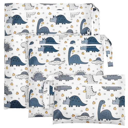 Zocipro 3Pcs Bolsa Pañales Bebe, Bolsas de Pañales Dinosaurio Impermeables con Cremallera, Reutilizables Wetbag Lavable Organizador de Tela Ropa para Viajes Playa Piscina Gym