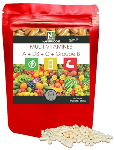 NAKURU | Multi-Vitamines | Gamme Boost | Fabriqué en France | Vitamine A + D3 + C + Groupe B (90 Gélules de 385mg / Poids Net: 34,65g)