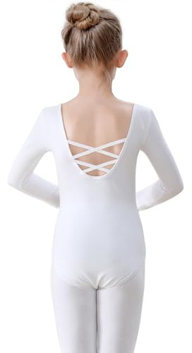 FONLAM Maillot de Ballet Danza para Niña Maillot Gimnasia Algodón Traje Bailarina Manga Larga (Blanco, 9-10 Años)