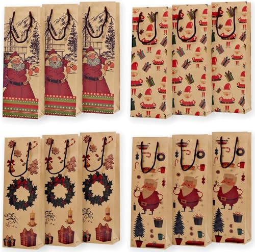 Bolsas de Navidad para Botellas de Vino, Paquete de 12 Bolsas de Regalo de Vino de Papel Kraft con Asa, Bolsa Reutilizable para Botella de Vino Individual para Vino, Whisky, Champán