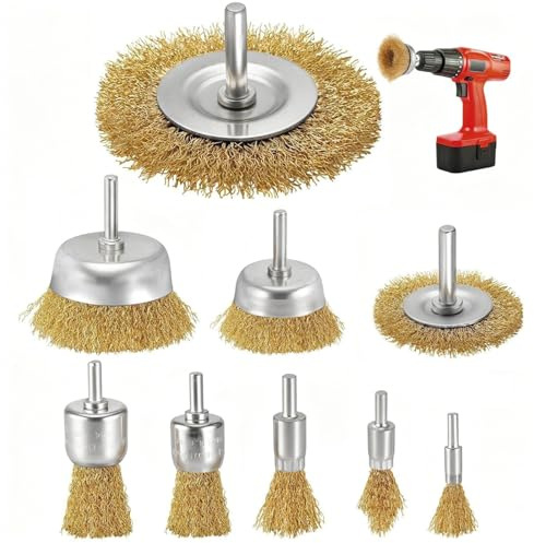 Set di 9 Spazzole Metalliche in Acciaio Laccato per Trapano, Spazzola Ferro per Trapano, Codolo 6mm, per Pulizia, Rimozione Ruggine, Lucidatura e Sverniciatura - Compatibile con Trapani e Viti