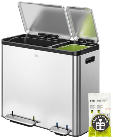 EKO Ecocasa Kitchen Trash Can, 30 + 15 Liters (7.9 + 4 Gallons), Pedal Bin, 2 Compartments, Soft Close and Odor-Proof, Waste Bin with Inner Buckets, Waste Separation System 2-Way with Handle, Brushed