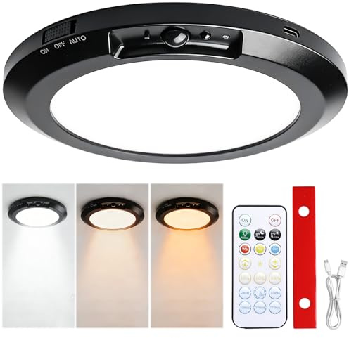 Behogan Lámpara con batería con detector de movimiento, 7000 mAh, inalámbrico, LED, lámpara de techo con mando a distancia, lámpara plana, sensor de movimiento interior con temporizador, 3