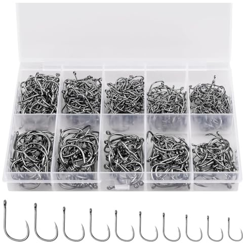 MUNZE Hameçons, Lot De 200 Hameçons Barbelés En Acier Carbone, 10 Tailles 3-12, Avec Boîte Plastique, Argentés