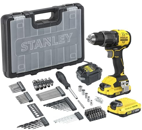 STANLEY V20 Trapano avvitatore a percussione a 2 ingranaggi senza filo, include batteria agli ioni di litio da 2,0Ah, caricatore da 1,25A e 100 accessori con custodia ProStack, 18V, SFMCD716D2A-QW