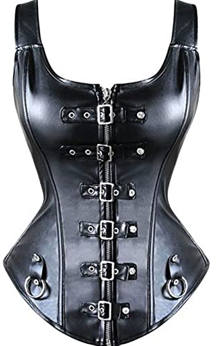 KUOSE Damen Vollbrust Lackleder Korsett Corsagentop Bustier Korsage Shirt, Schwarz, EUR(36-38)L