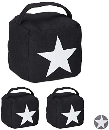 3 x Türstopper Stern, Türpuffer Stoff, Türsack Boden, hoch, mit Griff, dekorativ, HxBxT: 20 x 15 x 15 cm, schwarz