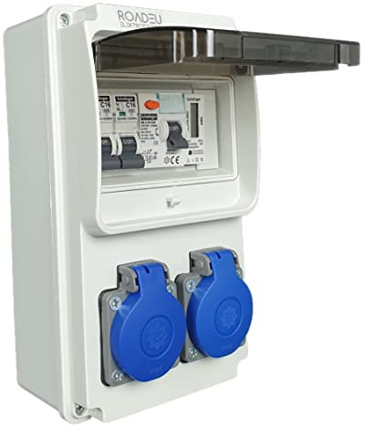 RoadEu Stromverteiler mit Stromzähler – 230V Wandverteiler mit FI-Schalter & LS C16A – 2x Steckdose – IP44 für Außen & Innen