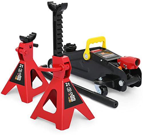 Magshion Set of 3 Hydraulic Trolley Jack and Jack Stands, 2 Ton (4,000 lbs) Capacity for SUVs and Pickup Trucks Home Garage and Workshop Vehicle Maintenance, Red/Black