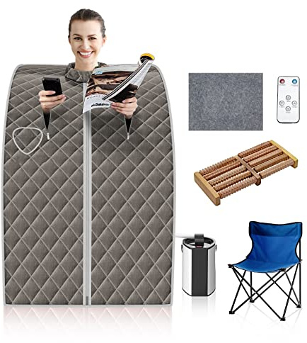 GYMAX Sauna a Vapore Domestica 1000 W, 3L, con Timer e Telecomando, Design Pieghevole e Temperatura Regolabile, Portatile e Ideale per Casa, 87 x 78 x 101 cm (grigio)