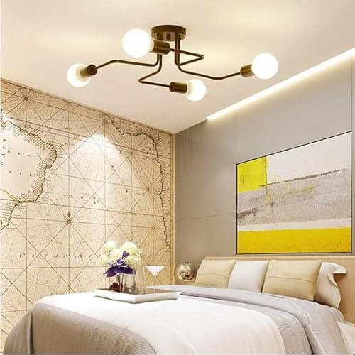 Finktonglan Plafoniera industriale Sputnik, luce moderna a 4 luci per montaggio a semi-incasso con finitura nera opaca Luce a sospensione in metallo per sala da pranzo letto cucina soggiorno