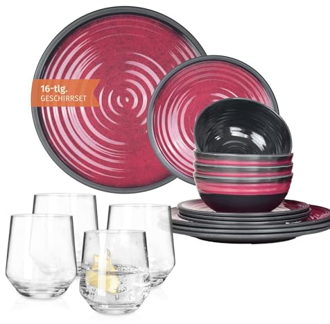 Vaisselle de camping en mélamine pour 4 personnes Rouge pierre + 4 verres Milano