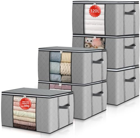 GoMaihe 6 Stück 120L Aufbewahrungstasche für Bettdecken Kleidung Decken, Verstärkte Griffe Leicht zu bewegen Umzugskartons für Unterbett Aufbewahrung Kleiderschrank Boxen Aufbewahrungsbox mit Deckel