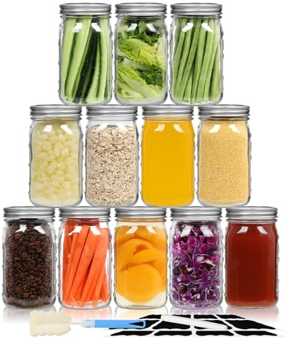 TOEKSIX Wide Mouth Mason Jars 32 oz/Quart with Airtight Lids and Bands 12 Pack, Clear Glass Jars for Canning, Preserving, Jam, Wedding Favors, Sauces, Meal Prep, Pickling, DIY Projects