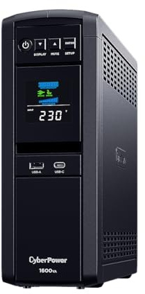 CyberPower CP1600EPFCLCD USV Line-interaktiv 1600VA 1000W, reine Sinuswelle, Active PFC kompatibel, AVR, kippbares Farb-LCD 22°, USB (HID), seriell DB9, RJ45 1Gbit/s Schutz, 6 Schuko, USB-A/USB-C 30W